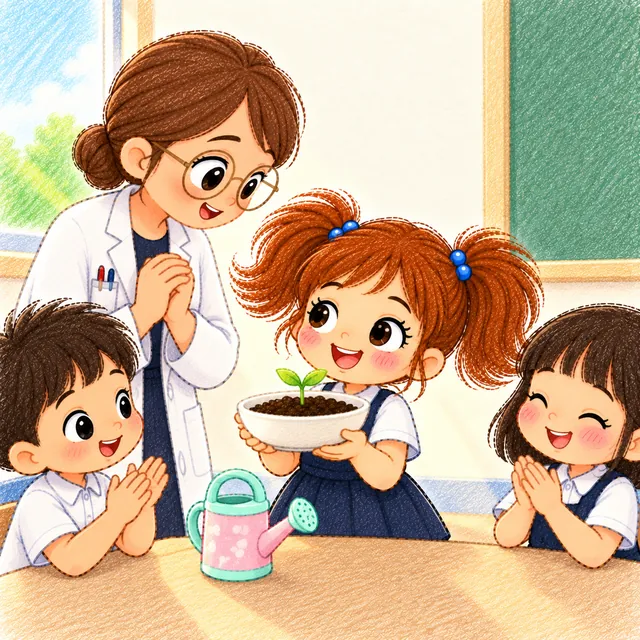 The class celebrating the little plant