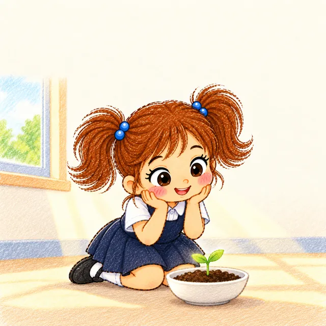 Aya smiling at a sprouting seed