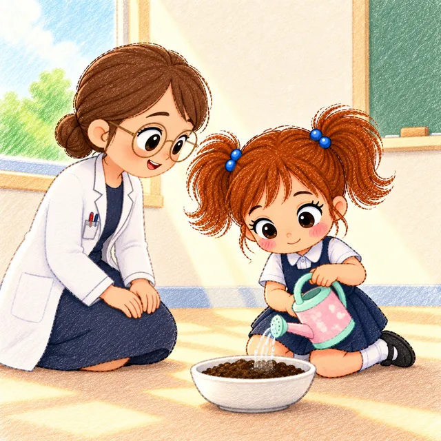 Aya caring for her plant every day