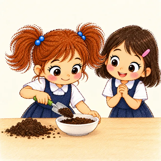 Aya and a friend filling a bowl with soil