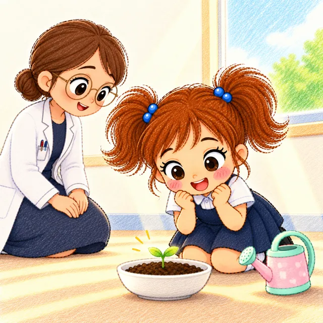 Aya amazed at the sprout
