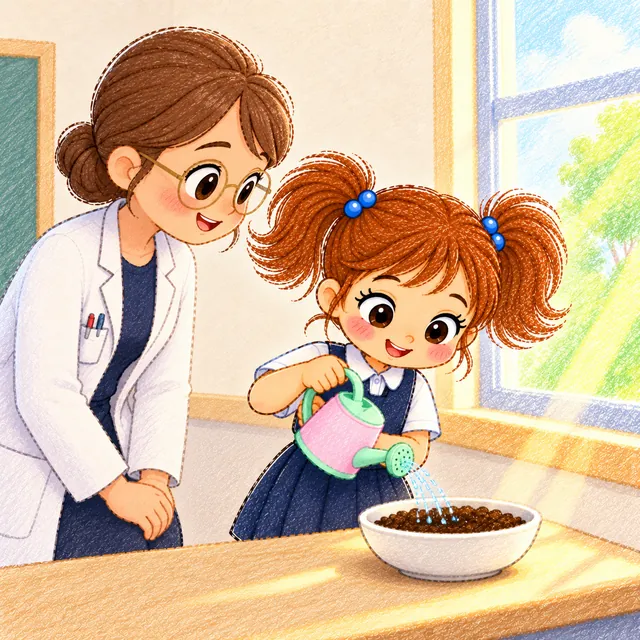 Aya watering the seed with her teacher