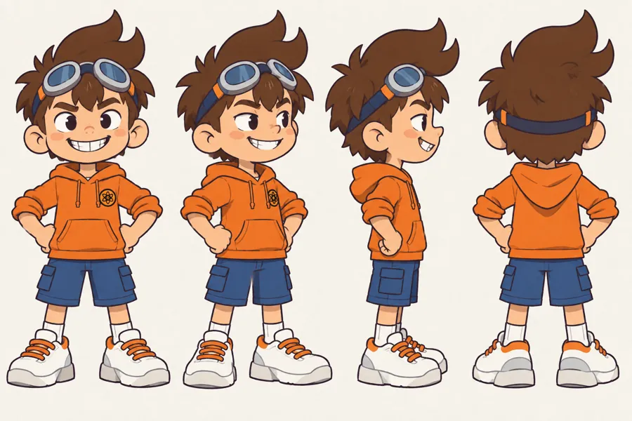 Character turnaround sheet of Leo, a boy in an orange hoodie with goggles